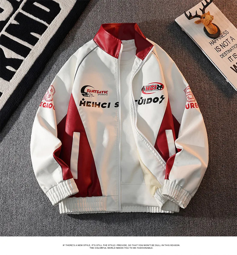 Mens Leather Moto Jacket  Stand Collar Edgy Racing Style Utility Work Coat  Unisex Hong Kong Trend Ins Fashion for Spring Autumn