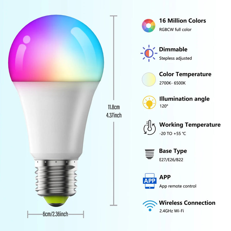 LED Smart Bulb A19 E26/E27 Color Changing LED Bulb with Music Synchronization WiFi and BLE 5.0 Dimmable RGB Smart Home Lighting