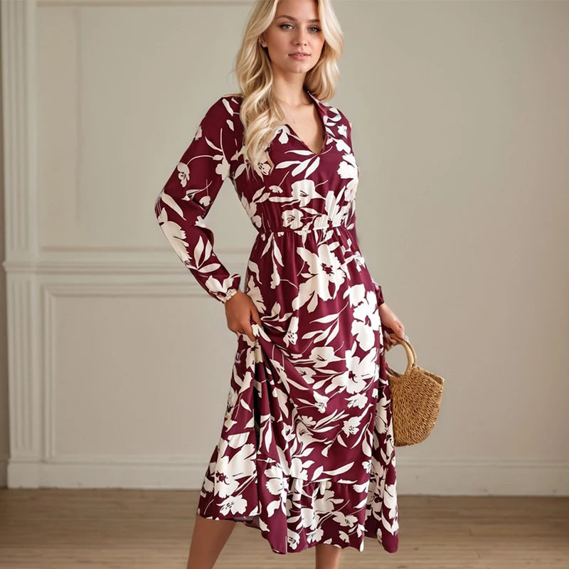 Casual Flower Waist Dress For Women Elegant V Neck Floral Print Long Sleeves High Tight Waist A-line Flowy Ruffle Hem Midi Dress