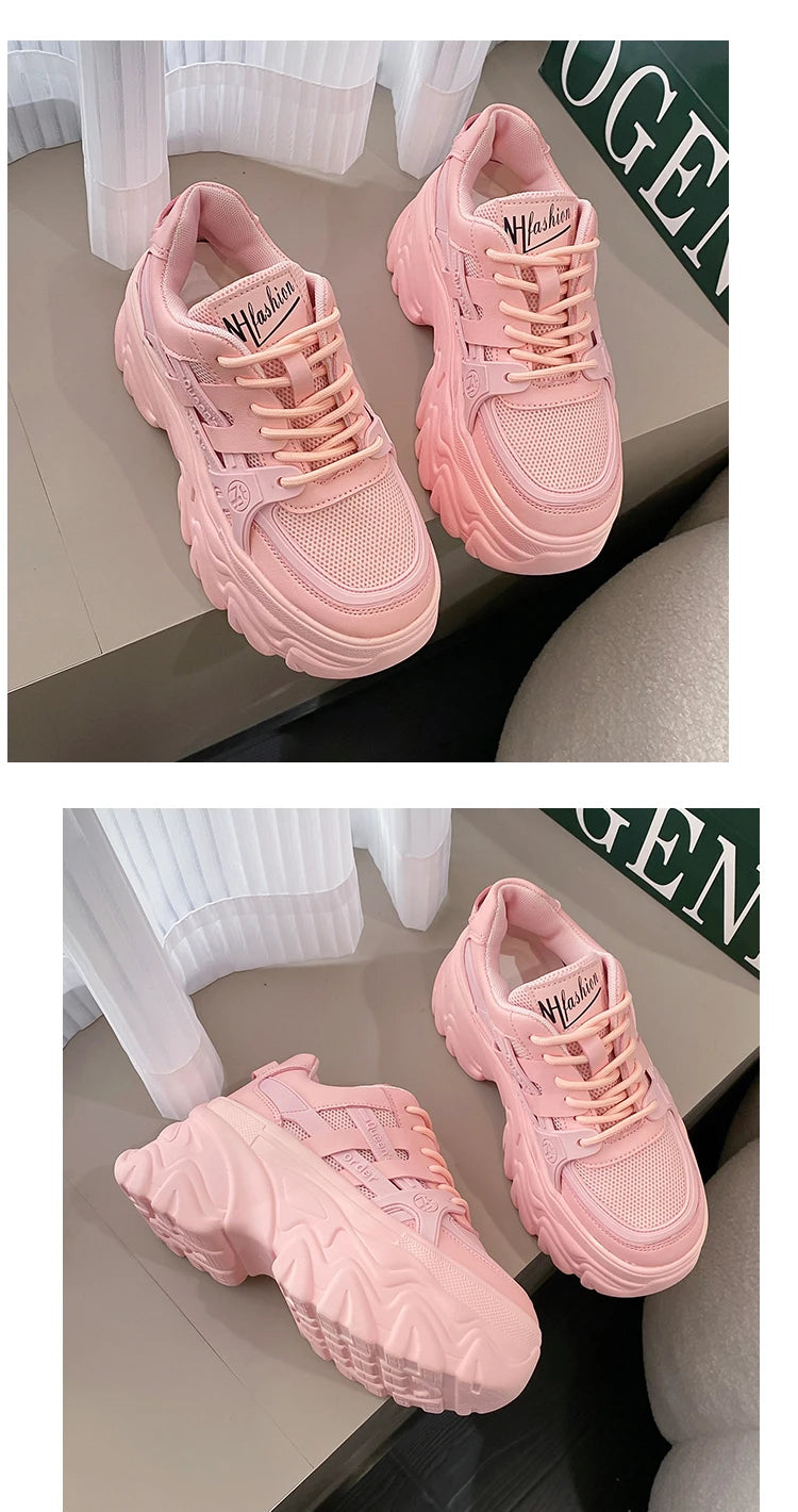 White Chunky Sneakers Women New 2025 Autumn Hidden Heel Platform Sports Dad Shoes Woman Lace Up Breathable Mesh Casual Shoes 8CM