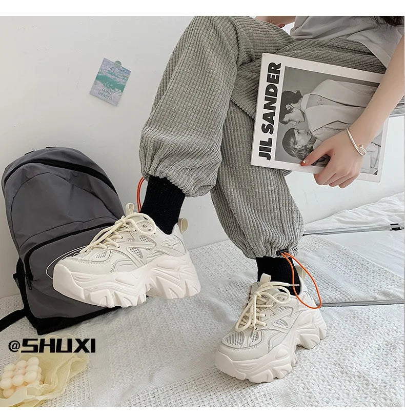Fujin 7cm Chunky Sneakers Platform Shoes Wedge for Women Casual Shoes Breathable Summer Shoes Women Fashion Sneakers Spring