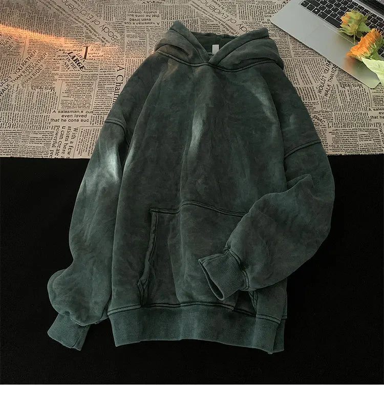 Men’s Vintage Washed Hoodie – Loose Fit Streetwear Pullover for Casual Harajuku Style