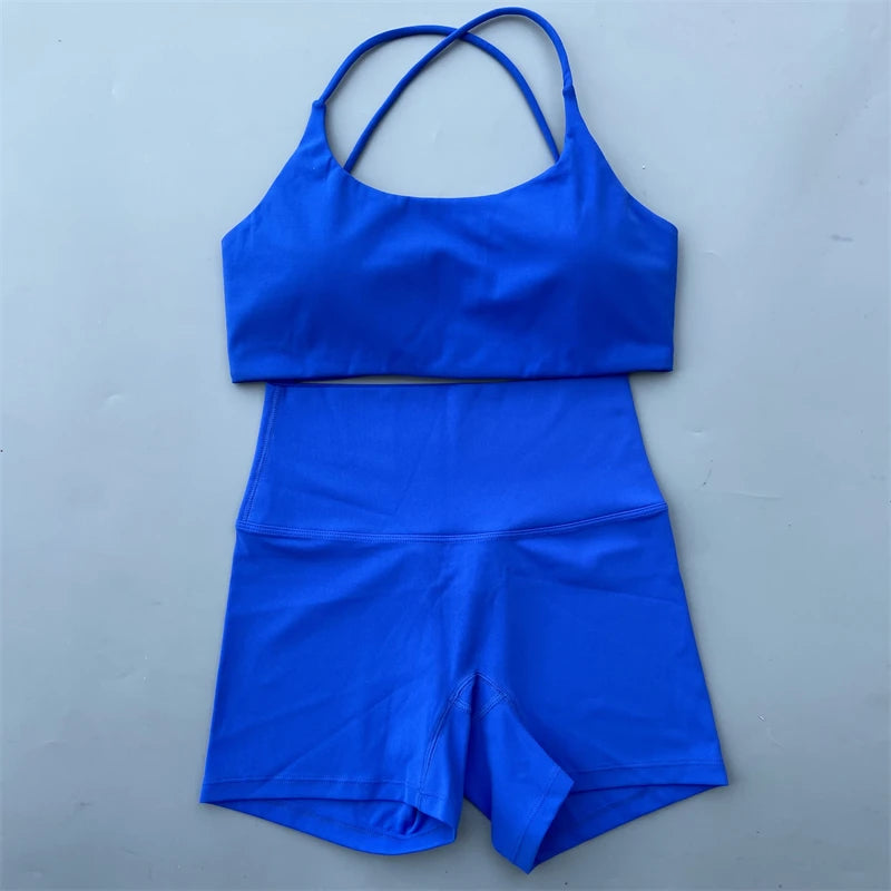 Yoga Shorts Set Gym Two Piece Sports Set Women Workout Outfit Fitness Suit Cross Straps Bra High Waist Shorts Running Tracksuit