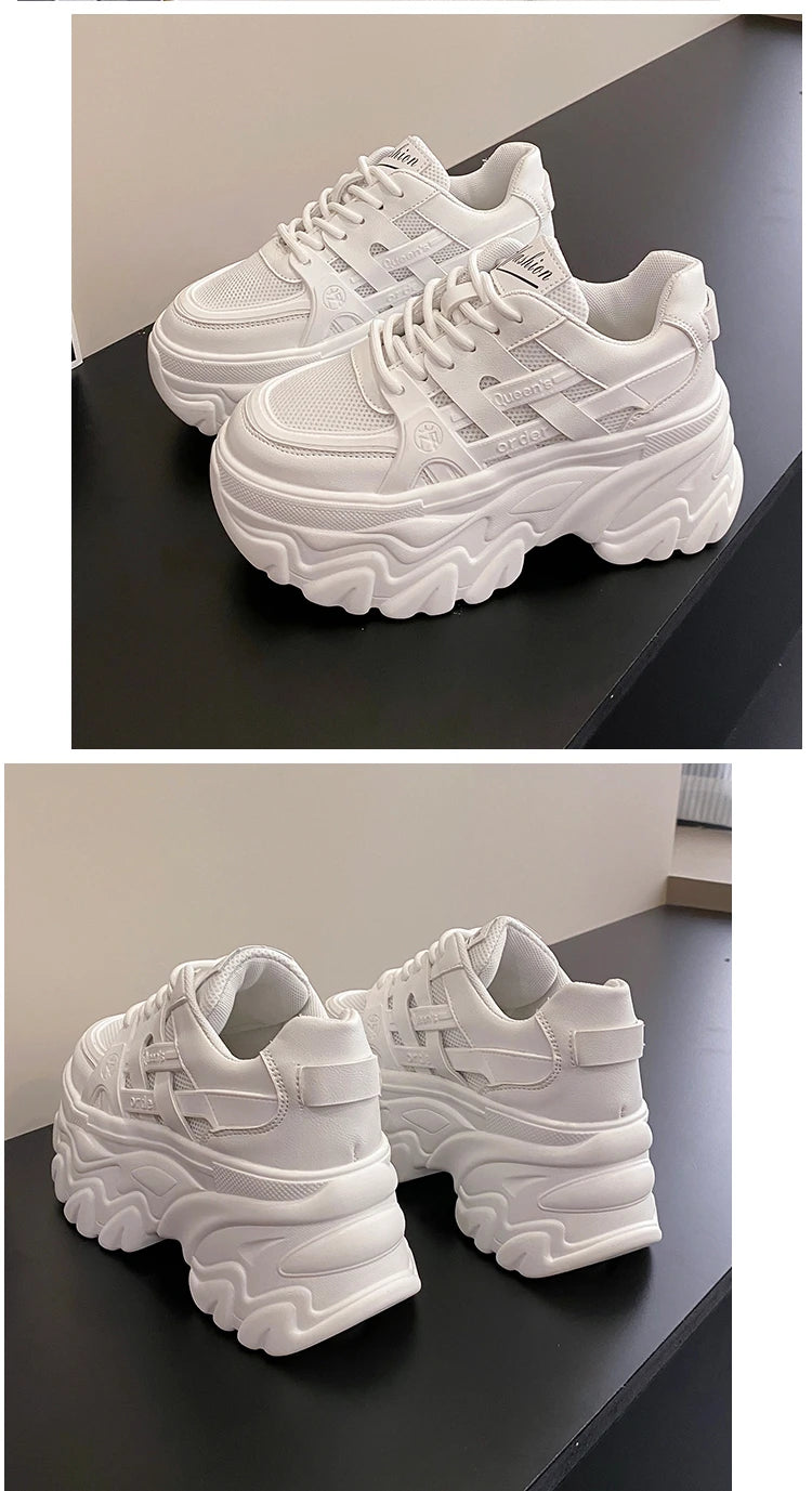 White Chunky Sneakers Women New 2025 Autumn Hidden Heel Platform Sports Dad Shoes Woman Lace Up Breathable Mesh Casual Shoes 8CM