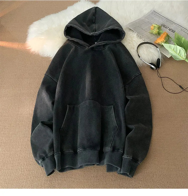 Men’s Vintage Washed Hoodie – Loose Fit Streetwear Pullover for Casual Harajuku Style