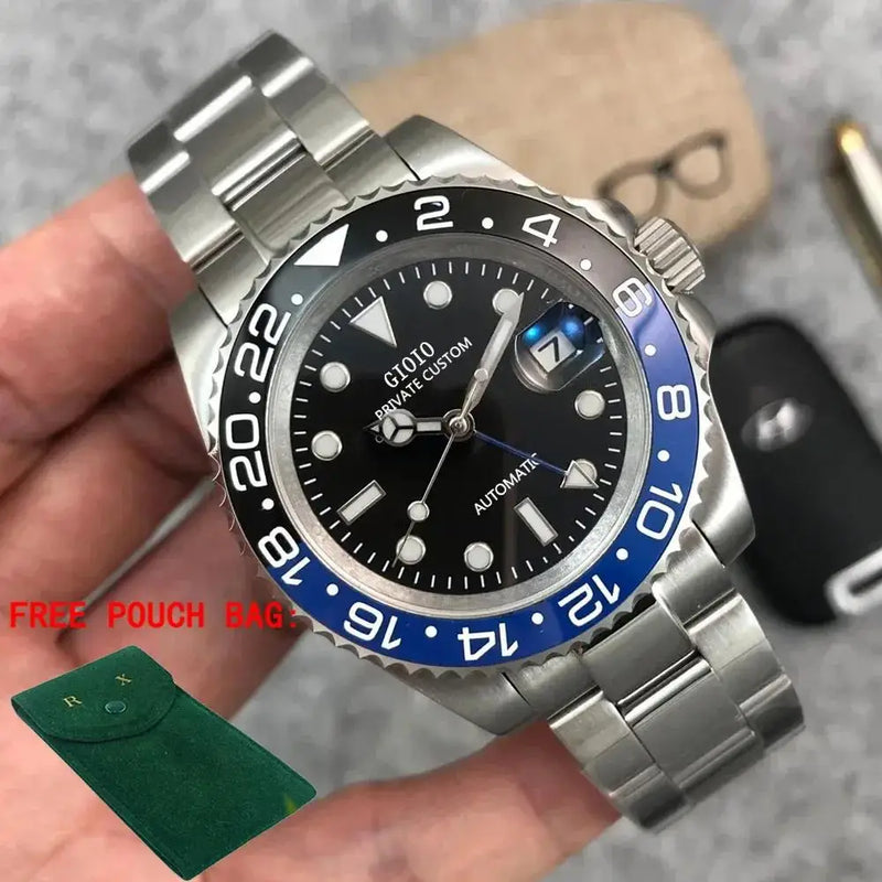 Luxury Automatic Mechanical Mens Watch Stainless Steel GMT Black Blue Ceramic Bezel Watches