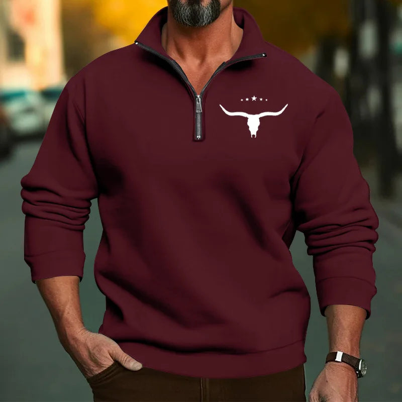 Men’s Winter Fleece Half-Zip Hoodie – Warm Stand Collar Bull Print Sweatshirt
