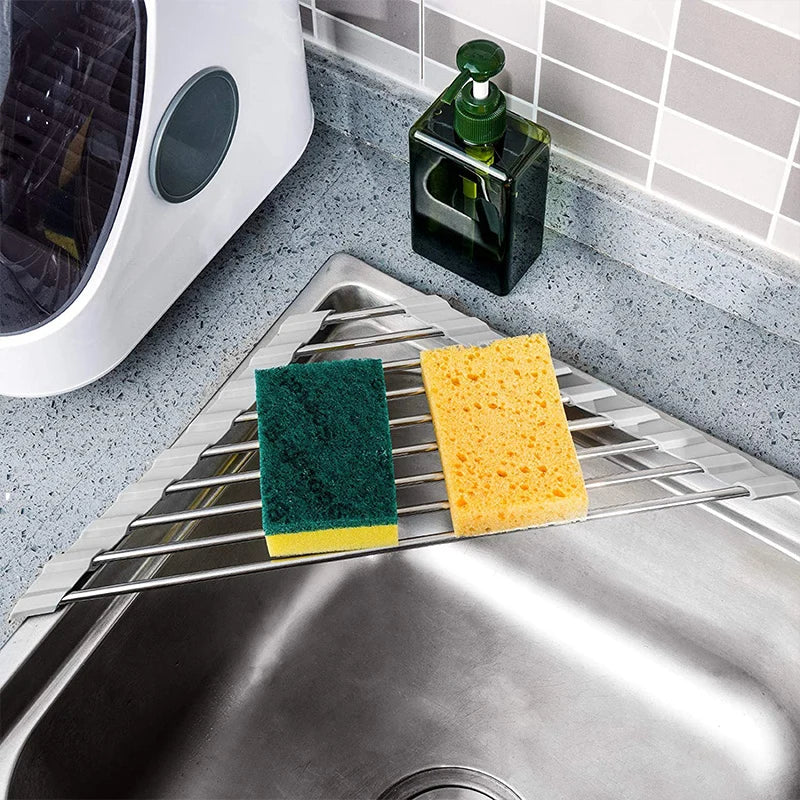 Triangle Roll-Up Dish Drying Rack for Sink Corner Foldable Stainless Steel Caddy Sponge Shelf Holder Kitchen Drainer Organizer
