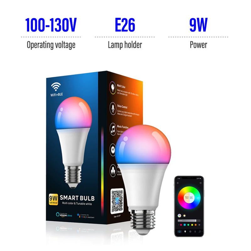 LED Smart Bulb A19 E26/E27 Color Changing LED Bulb with Music Synchronization WiFi and BLE 5.0 Dimmable RGB Smart Home Lighting