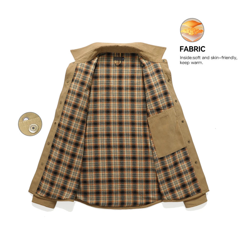 Men’s Flannel-Lined Shirt Jacket – Casual Snap Button Overshirt for Spring & Autumn