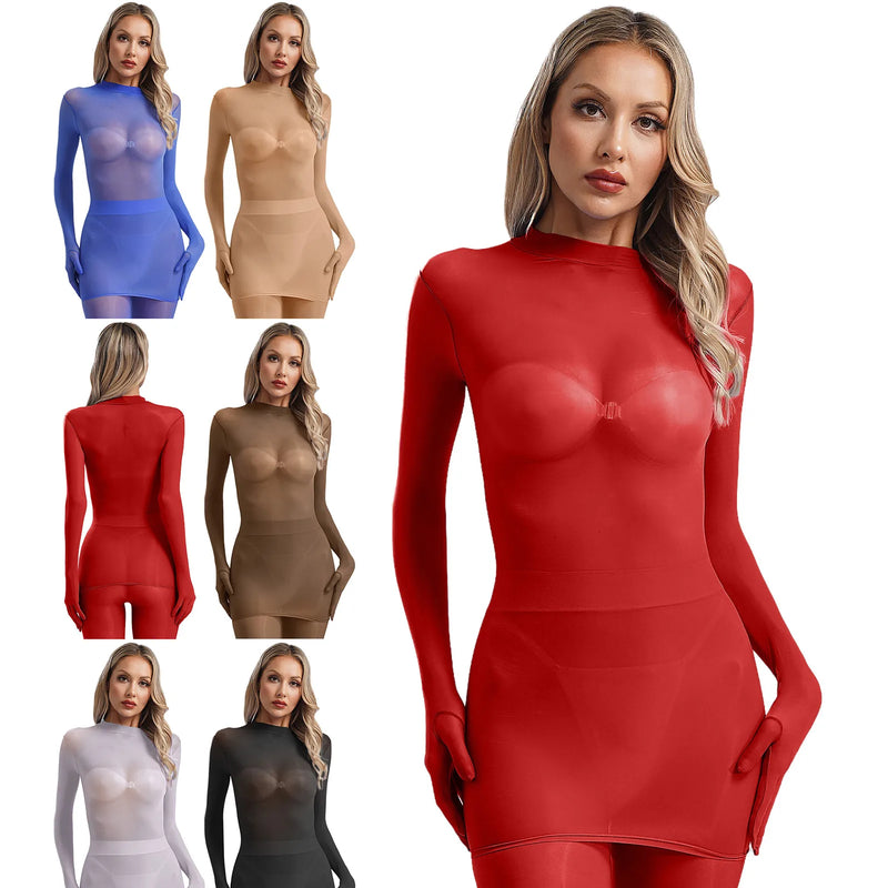 Adult Women Sheer Mesh Ultra Thin Crop Top Long Sleeve Mock Neck Translucent Gloved Tops for Base Shirt Lingerie Role Play Tops