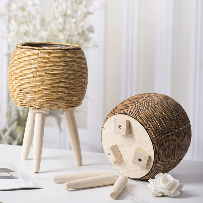 Rustic Rattan Planter With Wooden Legs Household Planter Pot Basket Wood Flower Basket For Indoor Plants Wood Flower Pots