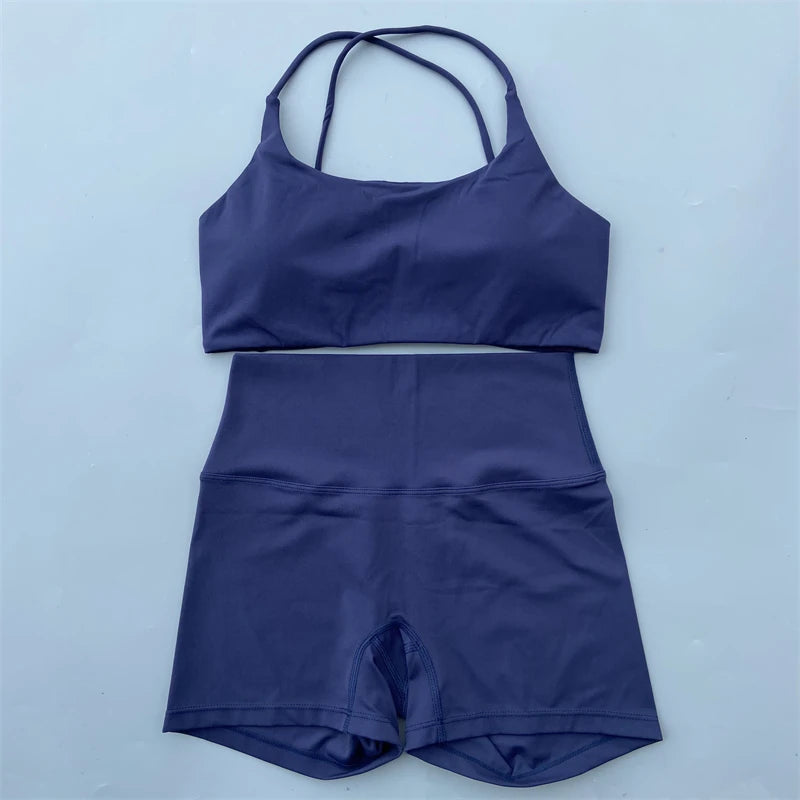 Yoga Shorts Set Gym Two Piece Sports Set Women Workout Outfit Fitness Suit Cross Straps Bra High Waist Shorts Running Tracksuit