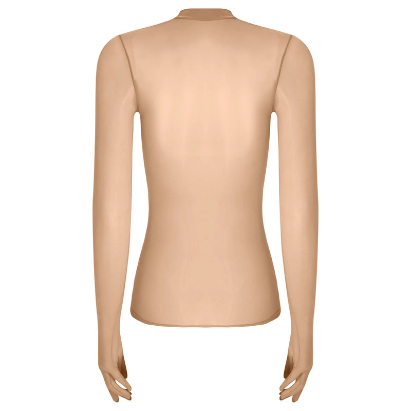 Adult Women Sheer Mesh Ultra Thin Crop Top Long Sleeve Mock Neck Translucent Gloved Tops for Base Shirt Lingerie Role Play Tops