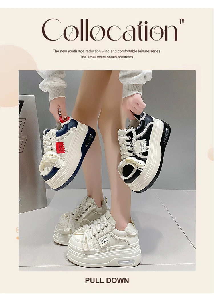 Fashion Chunky Sneakers Women Autumn Lace Up Platform Sports Shoes 8CM Thick Bottom High Heels Female Leather Sneakers Woman