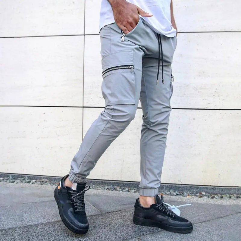 Mens Cargo Pants Zipper Pockets Jogger Running Hip Hop Streetwear Slim Sport Trousers Male Training Workout Fitness Sweatpants