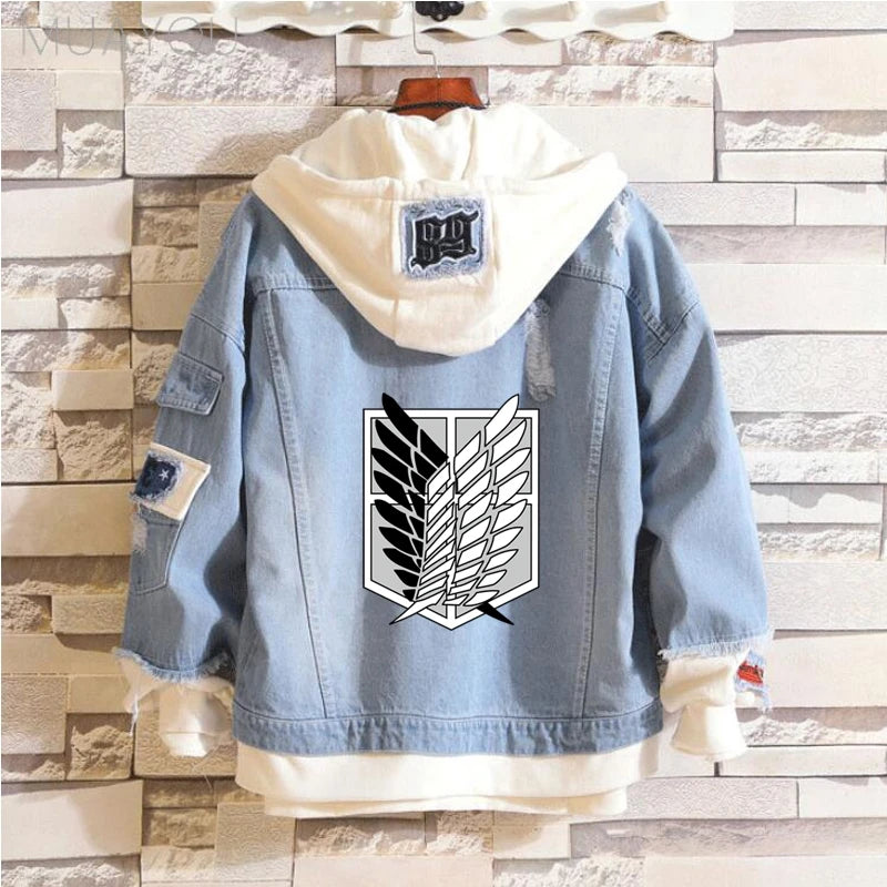 ATTACK ON TITAN Men Denim Jacket Fake two cowboy Hooded Coat Anime Eren Jaeger Levi Titans Men&