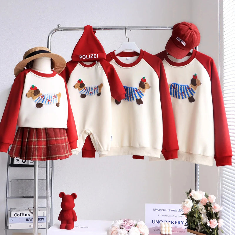 Funny Red Sweatshirts for The Whole Family Matching Clothes Father Mother and Son Daughter Cute Dog Print Tops Newborn Bodysuit