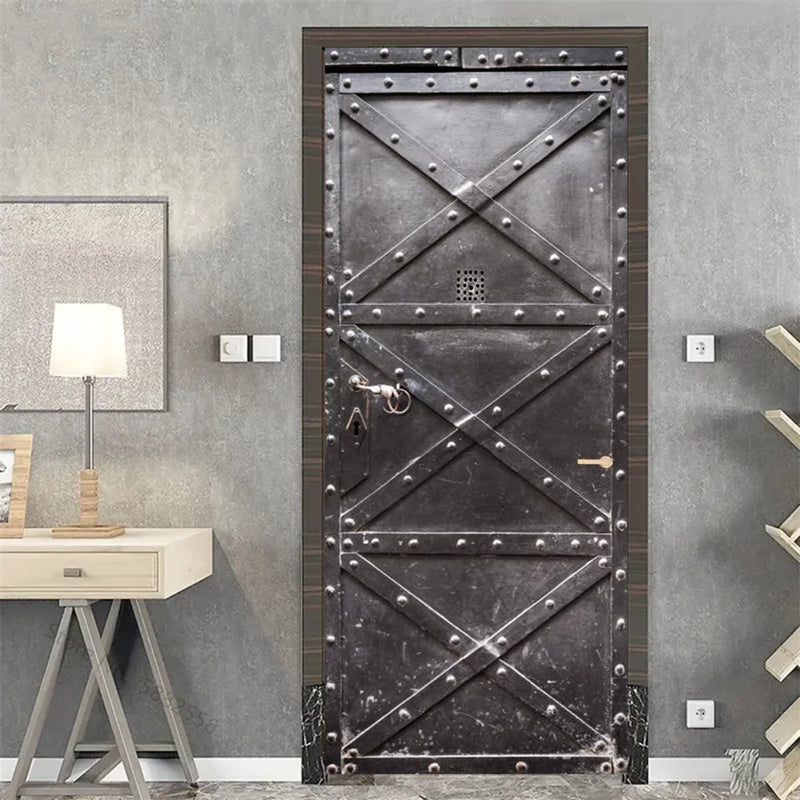 Wooden Door Mural Decal Sticker Peel and Stick Removable Self-Adhesive Brown Wood Grain Red Brick Door Wallpaper for Home Decor