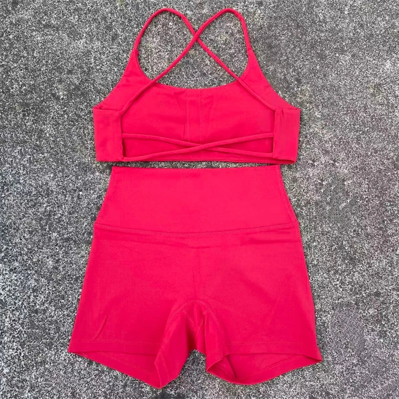 Yoga Shorts Set Gym Two Piece Sports Set Women Workout Outfit Fitness Suit Cross Straps Bra High Waist Shorts Running Tracksuit