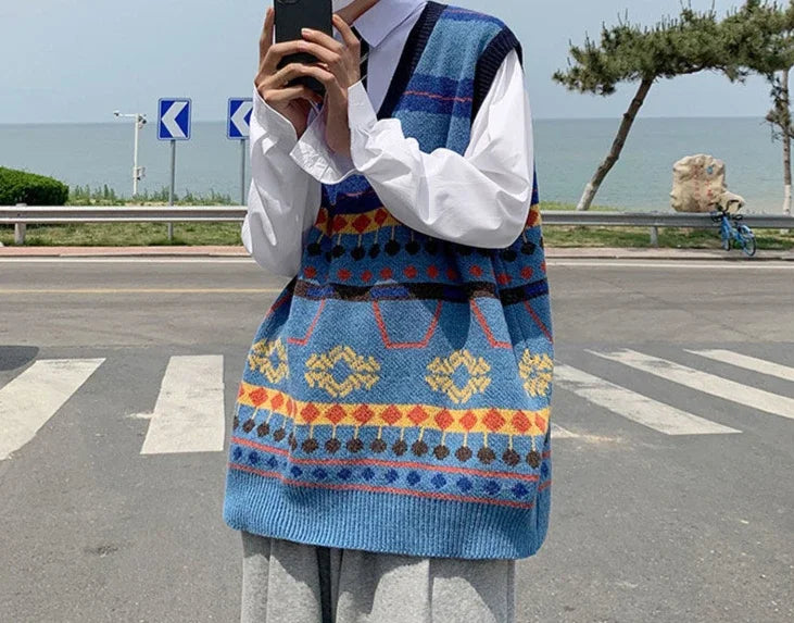 Tatiana Haven Men’s Printed Knit Sweater Vest – V-Neck Casual Korean-Style Fashion Waistcoat for Autumn & Winter