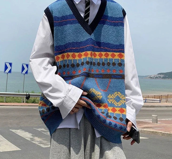 Tatiana Haven Men’s Printed Knit Sweater Vest – V-Neck Casual Korean-Style Fashion Waistcoat for Autumn & Winter