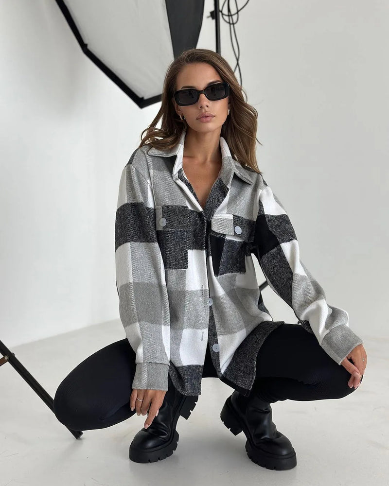 Women’s Flannel Plaid Shirt Jacket – Long Sleeve Lapel Button-Down Shacket for Autumn