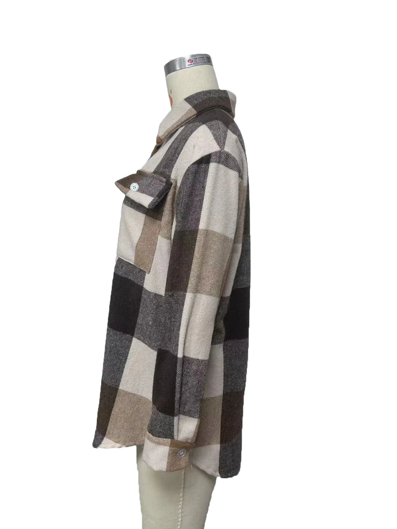 Women’s Flannel Plaid Shirt Jacket – Long Sleeve Lapel Button-Down Shacket for Autumn