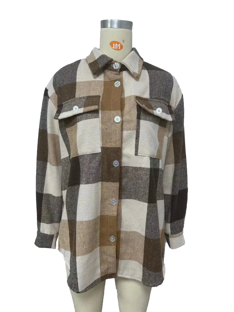 Women’s Flannel Plaid Shirt Jacket – Long Sleeve Lapel Button-Down Shacket for Autumn