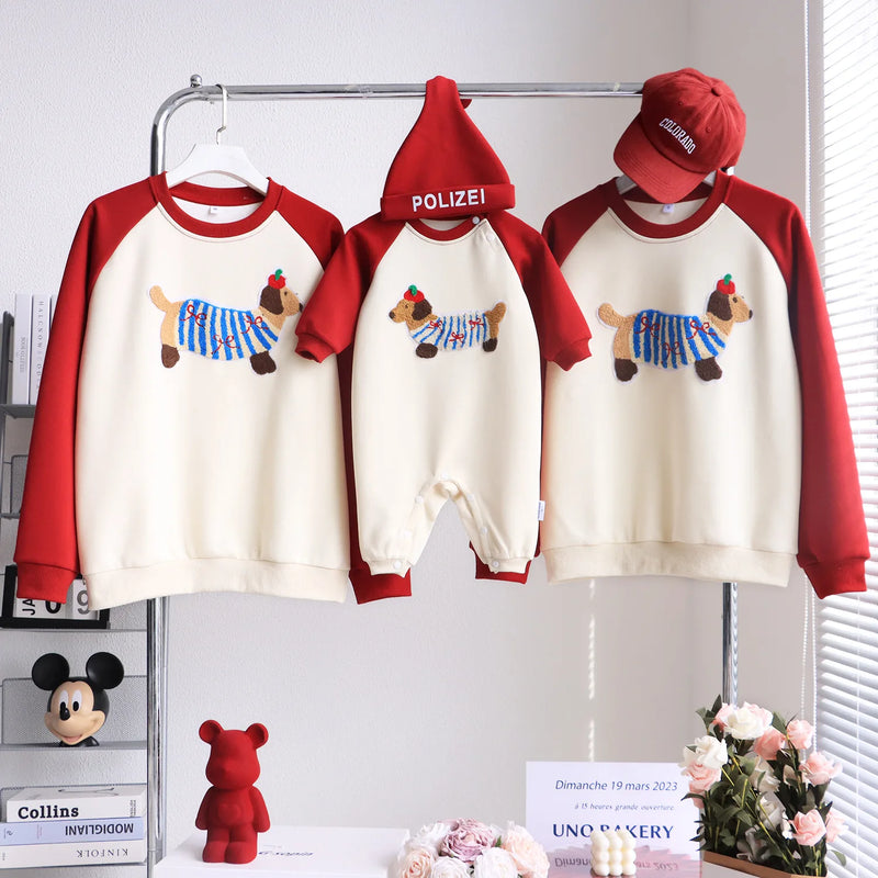 Funny Red Sweatshirts for The Whole Family Matching Clothes Father Mother and Son Daughter Cute Dog Print Tops Newborn Bodysuit