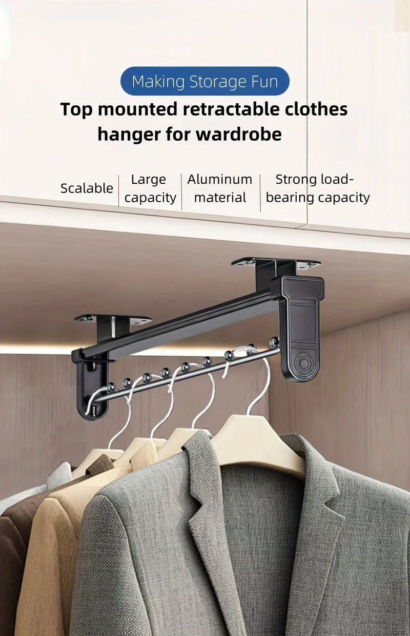 1pc Pull-Out Clothes Storage Rod Adjustable Foldable Metal Hanging Rail for Wardrobes Space-Saving Organizer Drying Racks