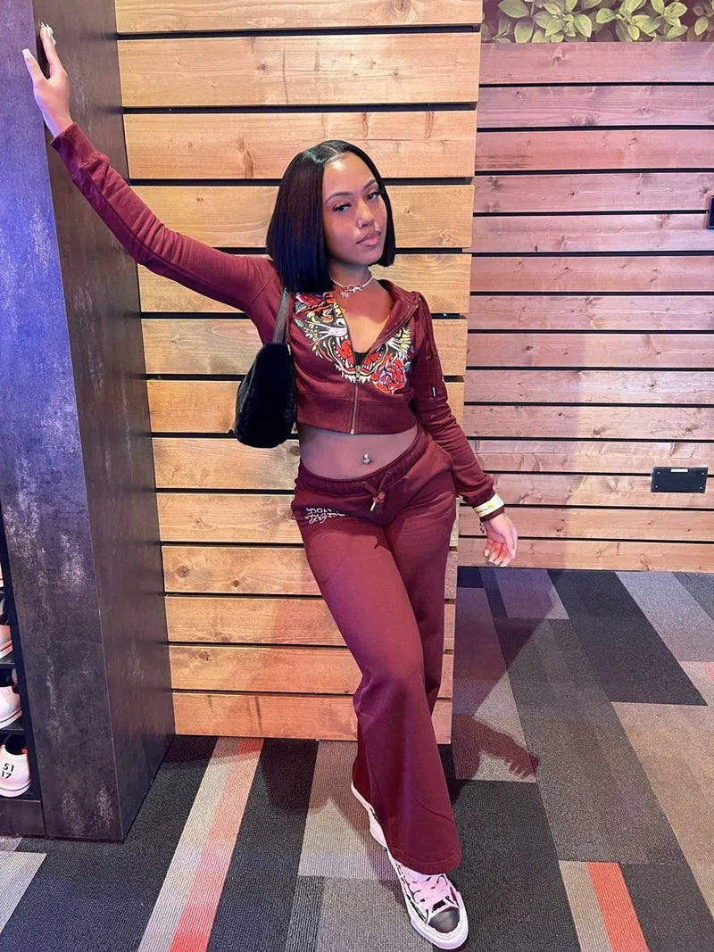 Y2k Zipper Tracksuit Women Black Print Hoodie Sweatpant Winter Blue Bodycon 2 Two Piece Outfits Pants Matching Sets Sweatshirt