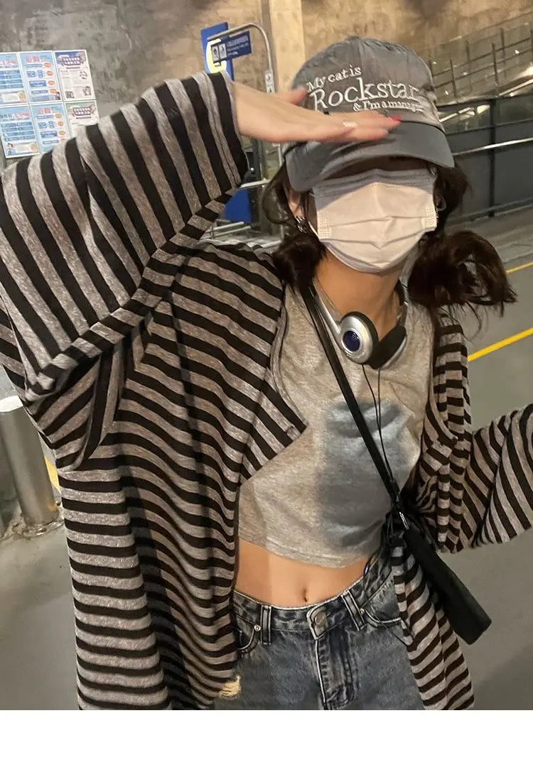 Sweatshirts Women Striped Chic Loose All-match Design Summer Simple Daily Retro Students Tender Sun-proof Classic Korean Style