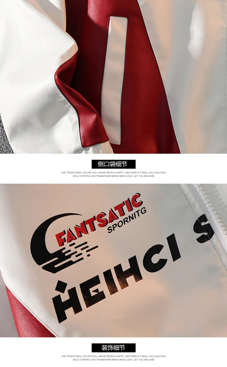 Mens Leather Moto Jacket  Stand Collar Edgy Racing Style Utility Work Coat  Unisex Hong Kong Trend Ins Fashion for Spring Autumn