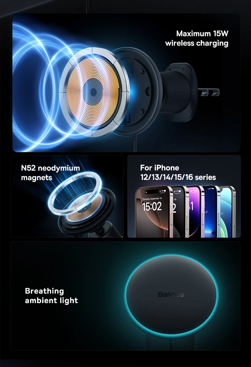 Baseus Magnetic Wireless Charger Car Phone Holder 15W Fast Charging Wireless Car Charger Holder For iPhone 16 15 14 13 Car Mount