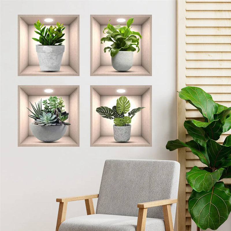 Vinyl Decal Bonsai Wall Sticker Poster  Removable 3D Green Leaves Plant Wallpaper Peel And Stick for Kitchen Living Room Decor