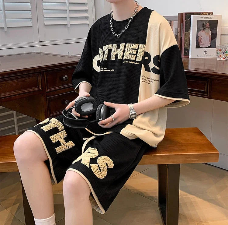 Men’s Alphabet Sportswear Set – Casual Jogging Tracksuit with T-Shirt and Shorts