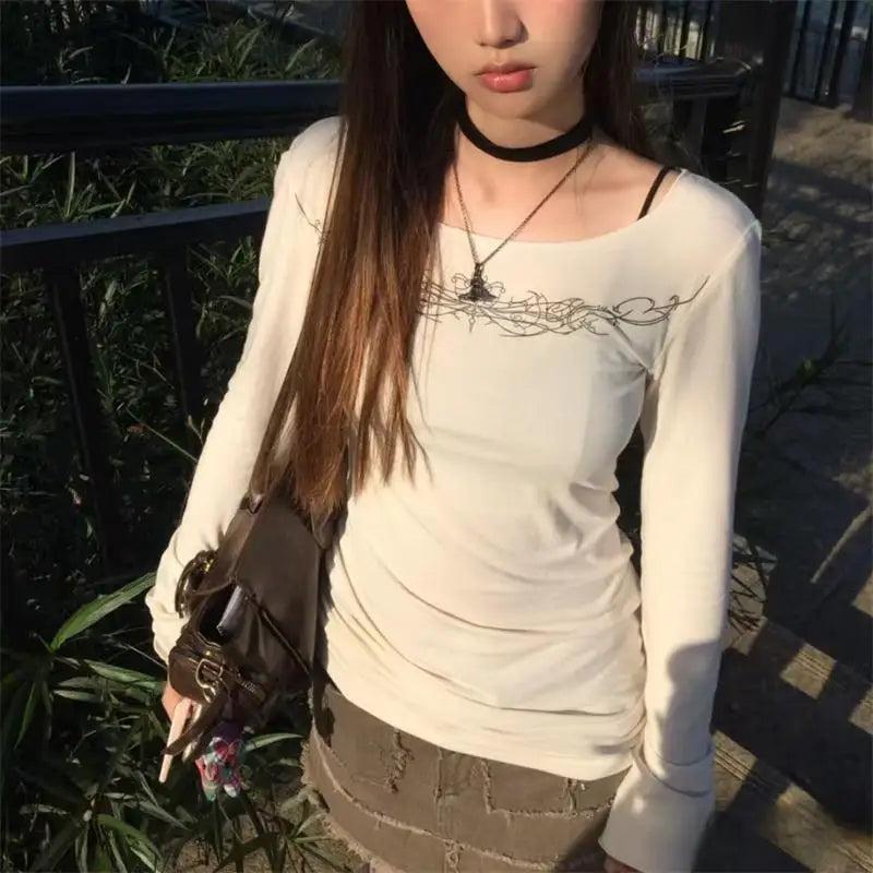 Y2k Gothic Print T-shirt Trashy 2000s Style Long Sleeve Tops Vintage Harajuku Streetwear American Retro T-shirts