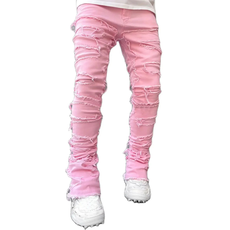 Men’s Stacked Ripped Jeans – Slim Fit Distressed Straight Denim Pants, Hip Hop Streetwear Style