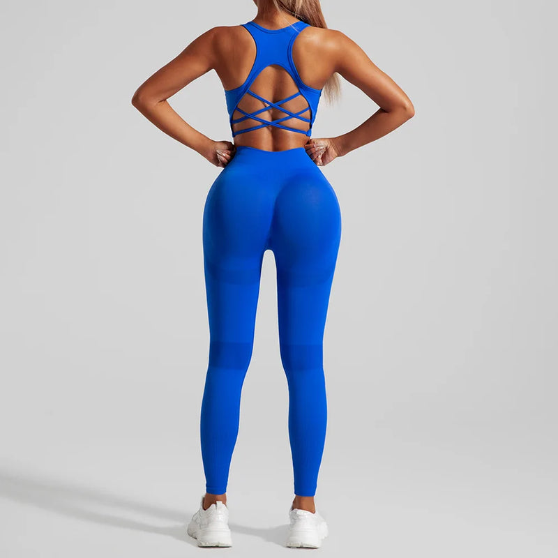 Seamless Yoga Set Two Piece Set Womens Outifits Workout Gym Set Fitness Clothing Tracksuit Backless Crop Top Leggings Sport Suit