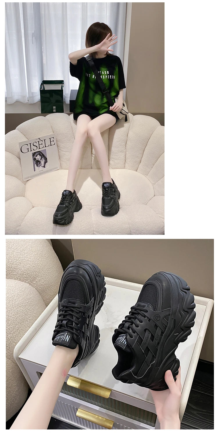 White Chunky Sneakers Women New 2025 Autumn Hidden Heel Platform Sports Dad Shoes Woman Lace Up Breathable Mesh Casual Shoes 8CM
