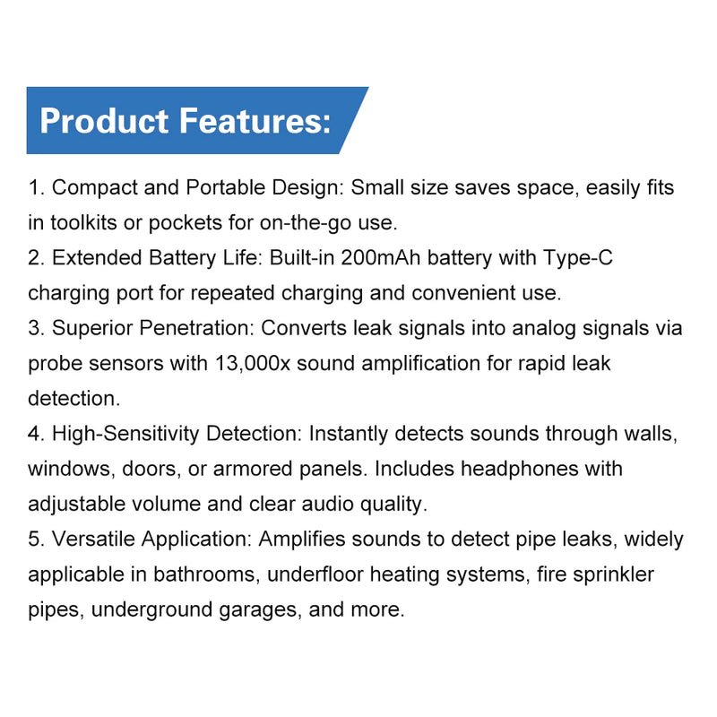 Water Leak Detector Multi-functional Sound Detector For Pipe Water Leak Suitable For Leak Detection Of Various Construction Pipe