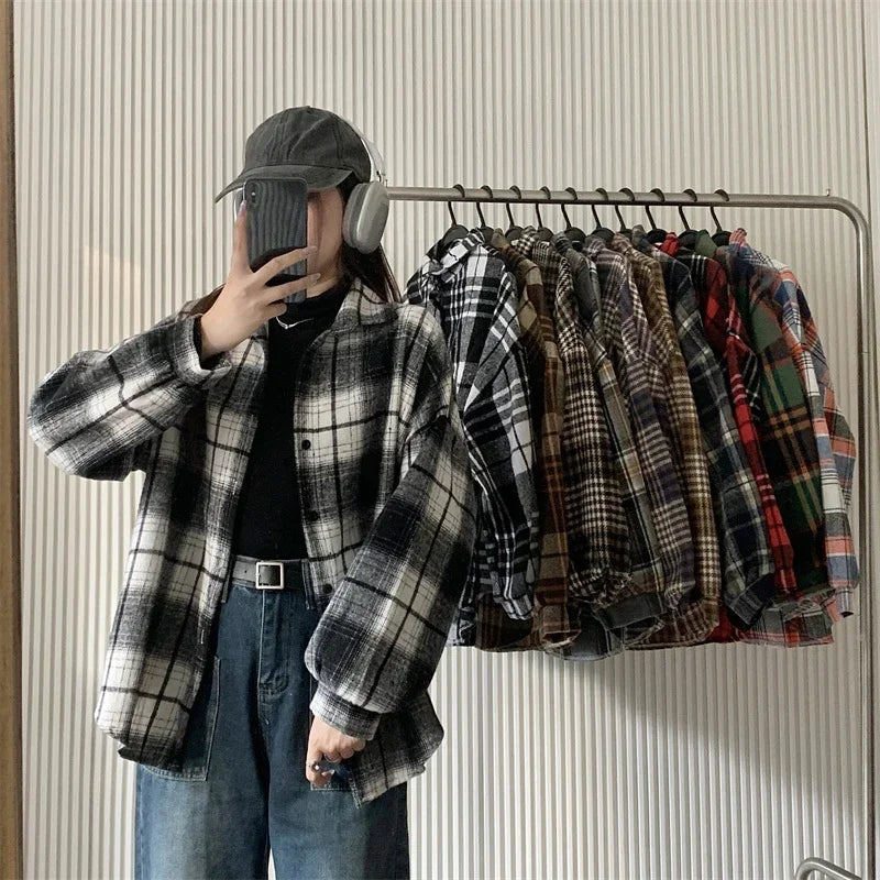 Women’s Oversized Flannel Plaid Shirt – Long Sleeve Button-Down Check Shacket for Autumn & Winter