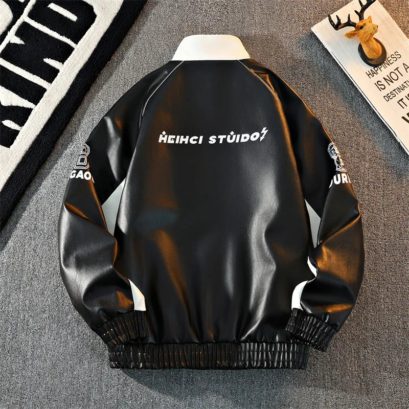Mens Leather Moto Jacket  Stand Collar Edgy Racing Style Utility Work Coat  Unisex Hong Kong Trend Ins Fashion for Spring Autumn