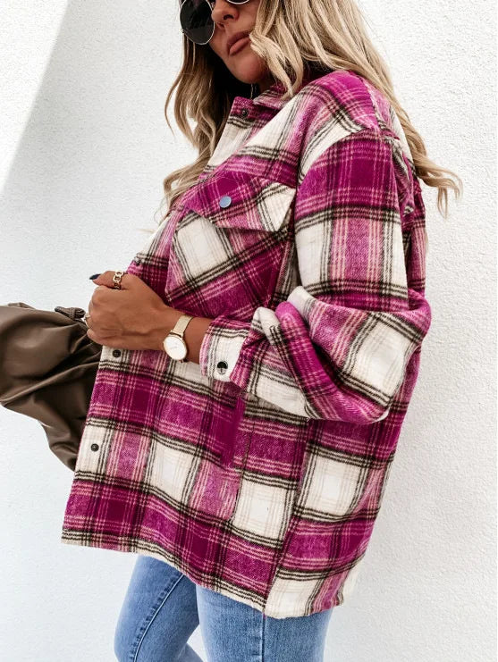 Women’s Retro Plaid Shacket – Oversized Flannel Shirt Jacket with Pockets for Autumn & Winter