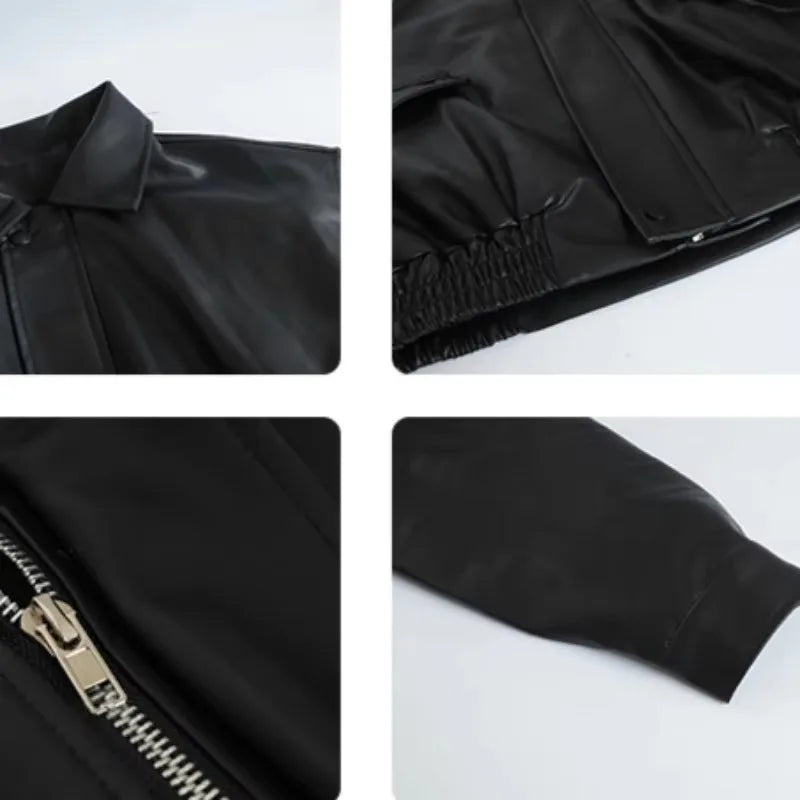 American Retro Solid Pu Jackets Women Autumn Sweet Cool Tops PU Baggy Cozy Turn-down Collar Zipper Fashion Stylish Temperament