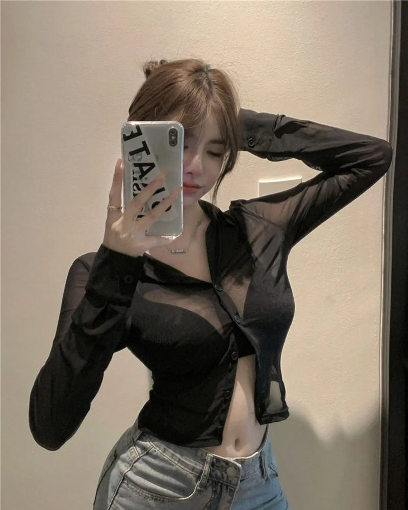 Mesh Sheer Shirts Women Long Sleeve Sunscreen Crop Tops Sexy Summer Thin Breathable Skinny Fashion Ins Streetwear Ladies Chic