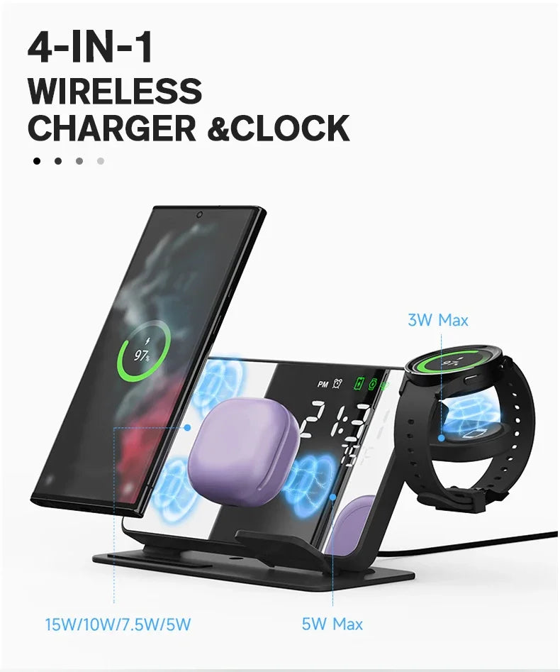 3 in 1 Wireless Charger For Samsung Galaxy Watch 6 5 Pro Fast Charging Station For Galaxy S24 S23 S22 Alarm Clock Chargers Stand