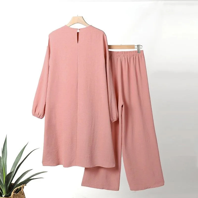 Casual Muslim Dress for Women Blouse 2 Piece Set Long Sleeve Shirt Wide Leg Pant Suits Saudi Arabic Dubai Dresses Autumn 2023