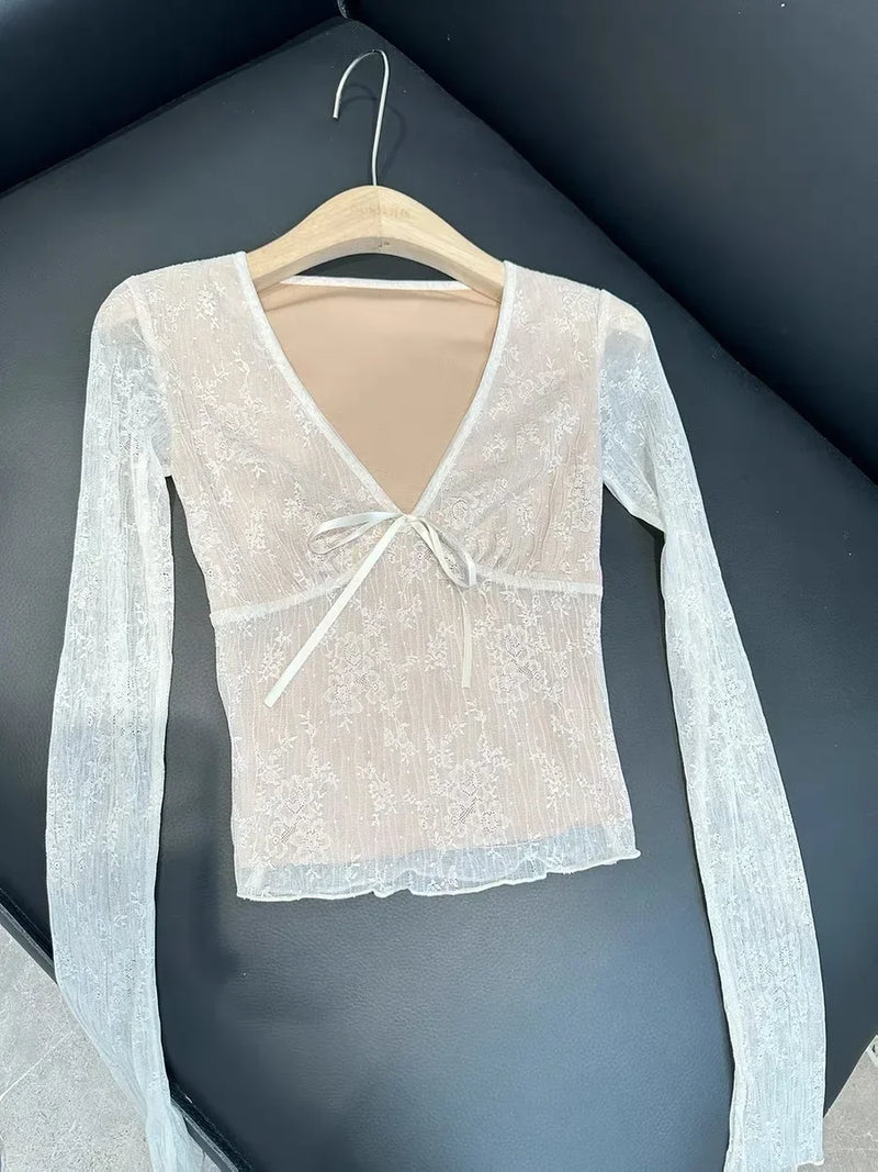 Coquette Aesthetic Mesh T Shirts Women Vintage V Neck Lace Bow Cropped Tops Y2k Sexy Slim Fit Long Sleeve Tee Shirts